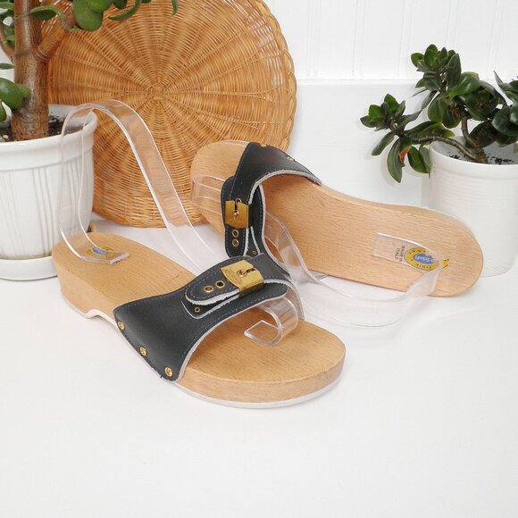 Vintage The Original Dr. Scholl's Exercise Sandals Black Wooden Sole Size 8 - Picture 5 of 9